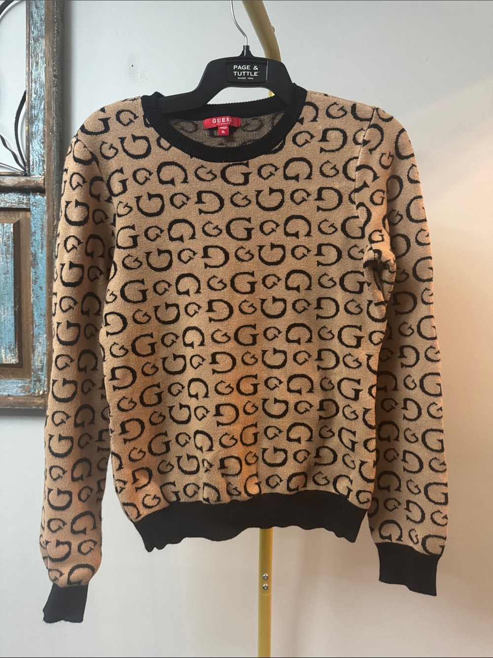 GUESS Tan Sweater with Black Logo Pattern EUC M